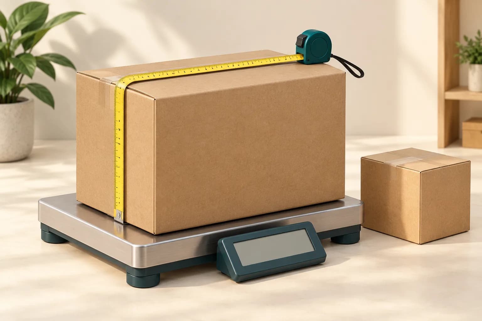 Minh hoạ thùng carton đặt trên cân, với thước dây đo kích thước ngoài